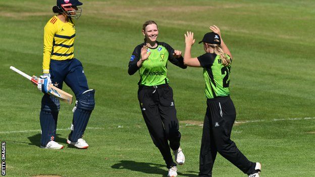 Sophia Smale celebrates taking a wicket for Western Storm