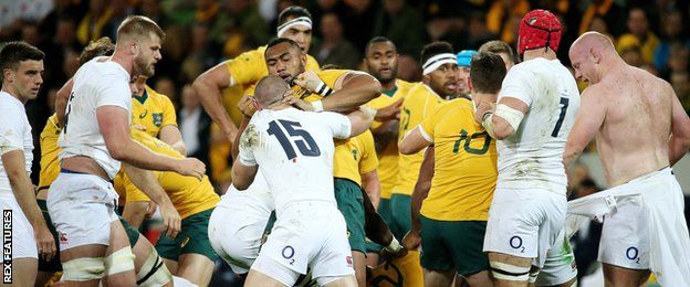 Mike Brown gets involved in a fracas during England's series win over Australia in June