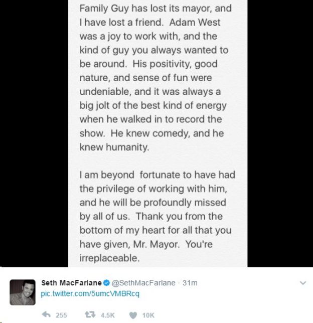 Seth McFarlane tweet: Family Guy has lost its mayor and I have lost a friend.