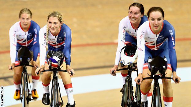 The Great Britain Women's Team Pursuit quartet of (L-R) Neah Evans, Laura Kenny, Katie Archibald and Elinor Barker