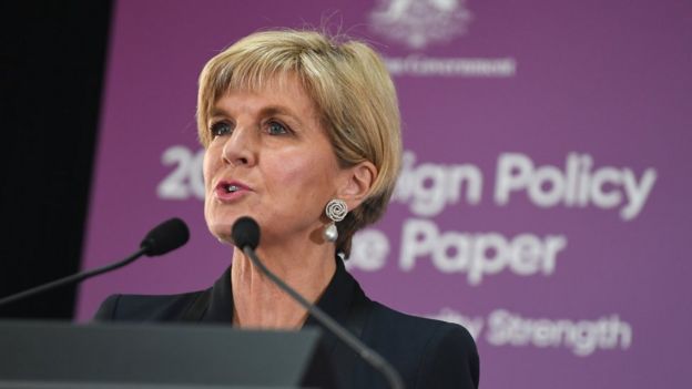 Australian Minister for Foreign Affairs Julie Bishop speaks during the official launch of the 2017 Foreign Policy White Paper at the Department of Foreign Affairs and Trade (DFAT) in Canberra, Australian Capital Territory, Australia, 23 November 2017