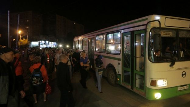 Bus evacuating residents of Achinsk