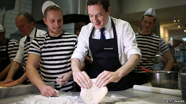 Chancellor George Osborne making a pizza with Pizza Express staff