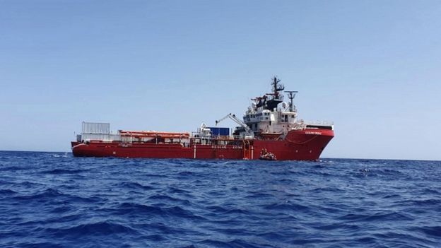 A handout photo made available by the NGO organisation Medecins Sans Frontieres (MSF) showing the Ocean Viking vessel at sea on 23 August 2019