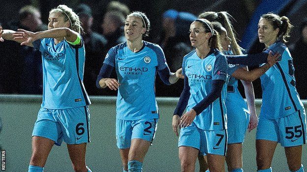 Manchester City women celebrate their goal v Fortuna Hjorring