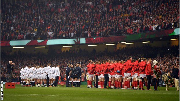 England and Wales line up for the anthems in Cardiff