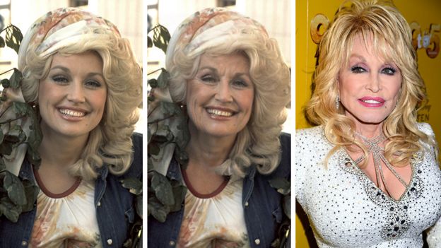 Dolly Parton antes de usar la aplicación, después de usarla y como luce en la vida real actualmente.