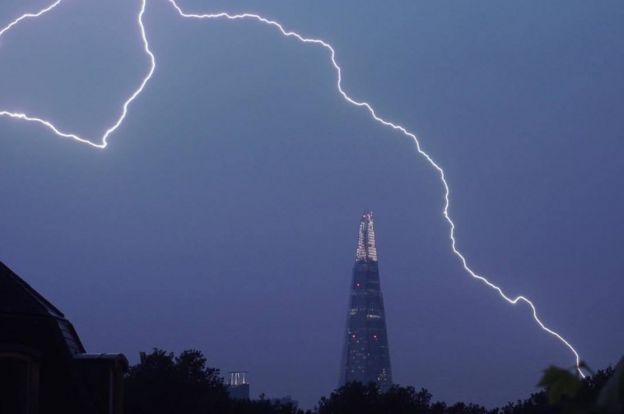 @samueltwilkinson of lightning over The Shard in central London on Saturday