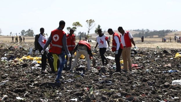 Red Cross team works amidst debris at Ethiop Airlines crash site