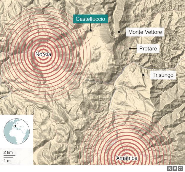 Mapa que muestra el epicentro de los terremotos de 2016
