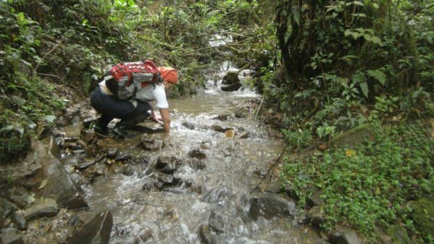 Teresa Camacho Badani buscando ranas en un río