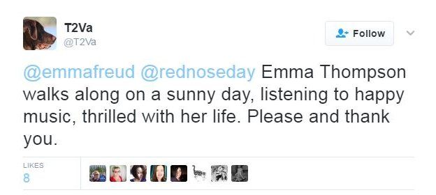 The tweet reads: "Emma Thompson walks along on a sunny day, listening to happy music, thrilled with her life. Please and thank you".