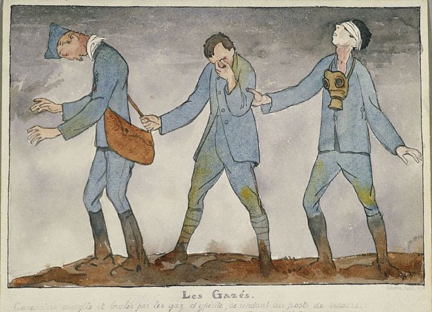 Artilleros cegados y quemados por gases hiperíticos en el frente franco-alemán durante la Primera Guerra Mundial. Dibujo de Maurice RETIF, 1918. BDIC, Musée des deux guerres. (Museo de las dos guerras mundiales)