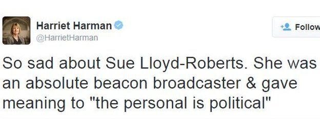 Harriet Harman tweet: So sad about Sue Lloyd-Roberts. She was an absolute beacon broadcaster & gave meaning to "the personal is political"