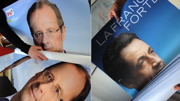Campaign photos of Francois Hollande and Nicolas Sarkozy in the 2012 presidential election