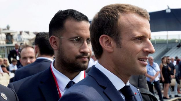 Mr Macron and Mr Benalla (L) pictured together in July