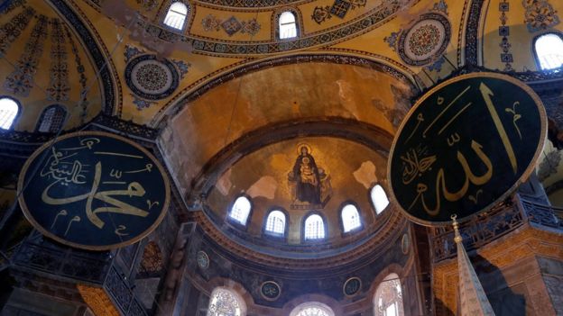 A mosaic depicting The Virgin Mary and Jesus is seen at Hagia Sophia