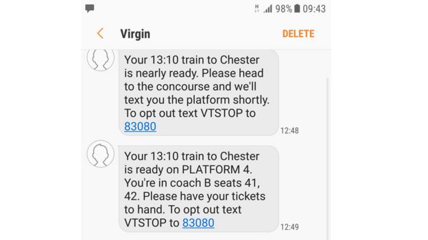 A text from Virgin Trains