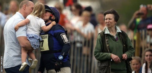 Zara Tindall kisses husband Mike and daughter Mia after riding High Kingdom, watched by her mother the Princess Royal