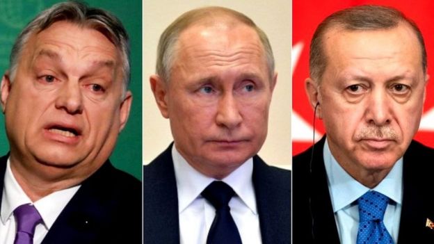 • ویکتور اوربان، نخست‌وزیر مجارستان ( سمت چپ)، ولادیمیر پوتین، رییس‌جمهور روسیه و رجب طیب اردوغان، رییس‌جمهور ترکیه