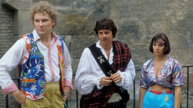 Hines as Jamie with Colin Baker's Doctor Who and fellow companion Peri, played by Nicola Bryant