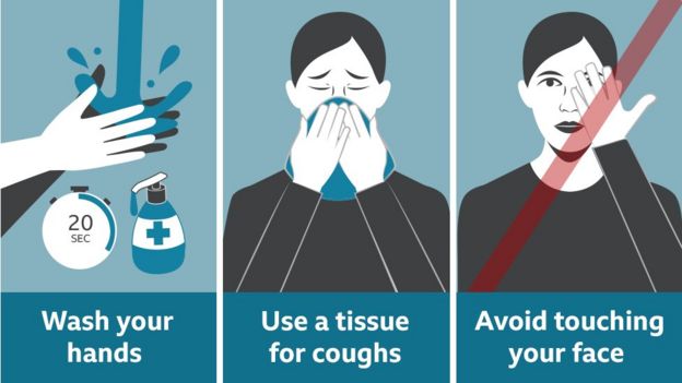 Three images giving government advice: Wash your hands, Use a tissue for coughs, avoid touching your face