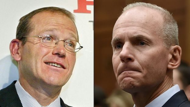 This combination of pictures created on December 23, 2019 shows a file photo taken on February 16, 2004 of the president of General Electoric (GE) Transportation, David Calhoun (L), and a file photo of Boeing CEO Dennis Muilenburg at a hearing in front of congressional lawmakers on Capitol Hill in Washington, DC on October 30, 2019