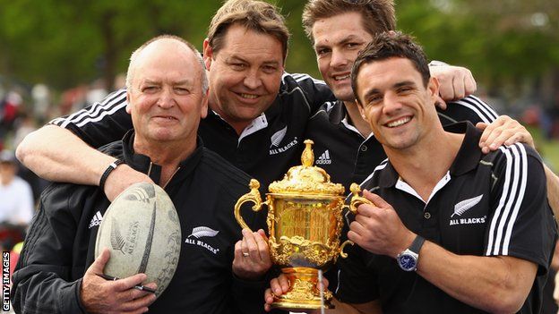 Graham Henry (left), shown here with assistant Steve Hansen and players Richie McCaw and Dan Carter, guided New Zealand to the 2011 Rugby World Cup