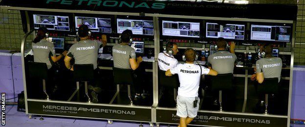 The Mercedes' pit wall dictates the strategy for the race for both drivers