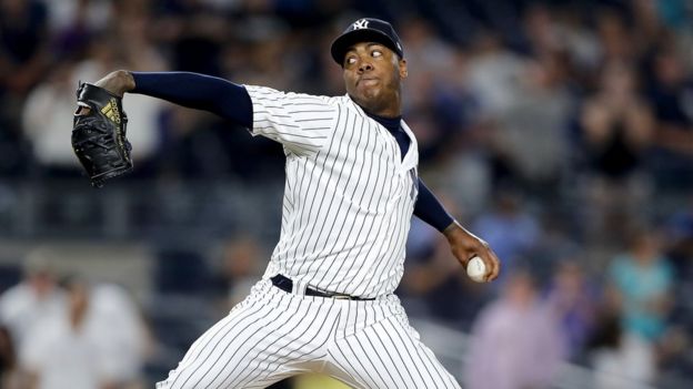 Aroldis Chapman #54 of the New York Yankees delivers a pitch in the ninth inning against the Detroit Tigers on July 31, 2017 at Yankee Stadium in the Bronx borough of New York City.