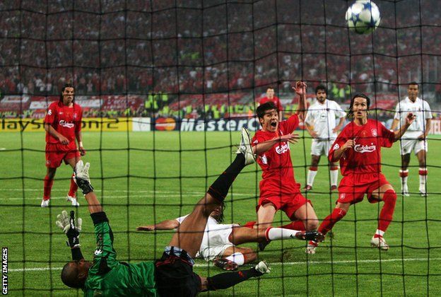 Xabi Alonso scores for Liverpool in the 2005 Champions League final against AC Milan
