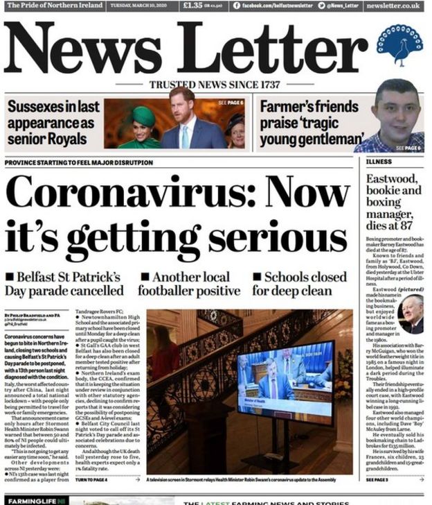 NI newspaper headlines Coronavirus cancellations dominate BBC News