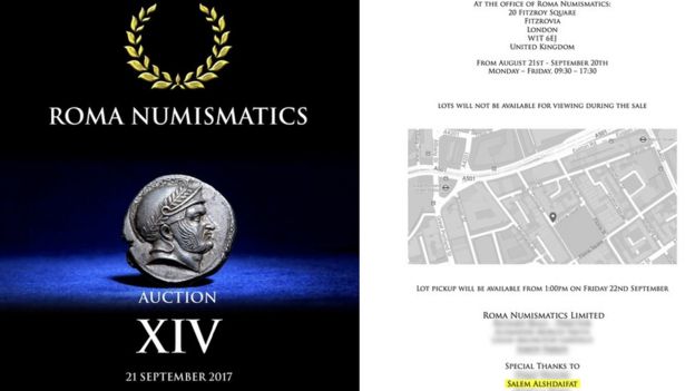 Catálogo de Roma Numismatics que anuncia el decadracma de Alejandro Magno que se vendió por US$ 130,000) y "Un agradecimiento especial a Salem Alshdaifat escrito adentro