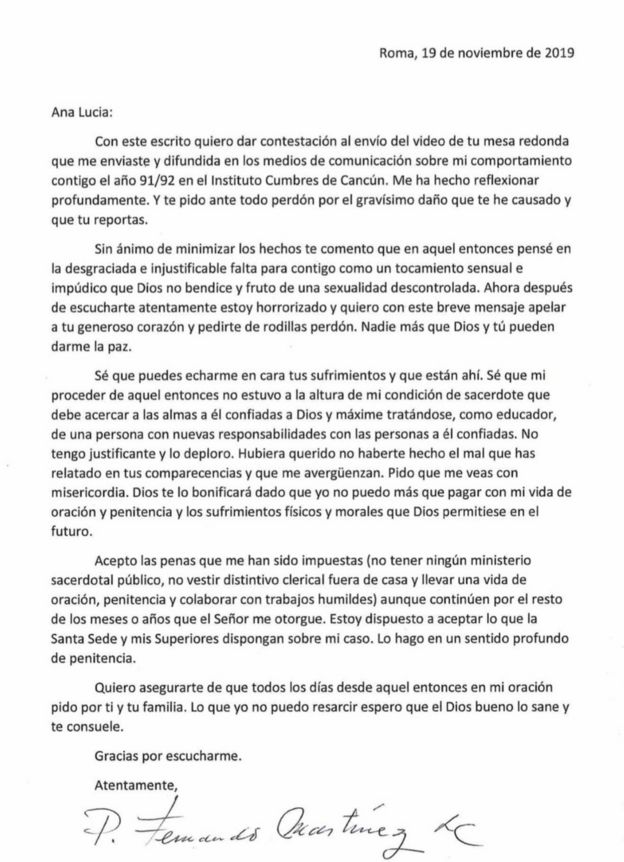 Carta de Fernando Martínez pidiendo perdón a Ana Lucía Salazar.