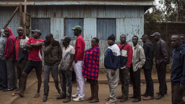 People gather to vote at Olympic Primary School in Kibera, one of the largest slums in Africa, on August 8, 2017 in Nairobi, Kenya. Kenyans head to the polls for a closely contested election between incumbent president Uhuru Kenyatta and his rival Raila Odinga.