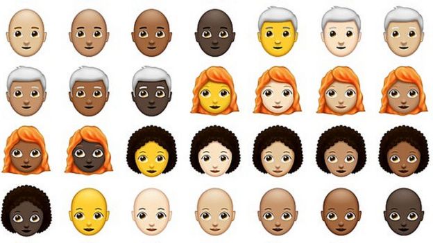New emoji showing people with red hair, grey hair, curly hair and no hair