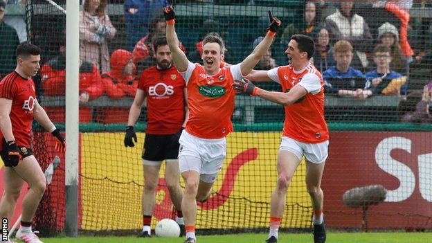 Armagh substitute Mark Shields celebrates his second-half goal against Down on Sunday