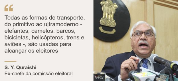Imagem de S. Y. Quraishi ao lado da frase: "Todas as formas de transporte, do primitivo ao ultramoderno - elefantes, camelos, barcos, bicicletas, helicópteros, trens e aviões -, são usadas para alcançar os eleitores"