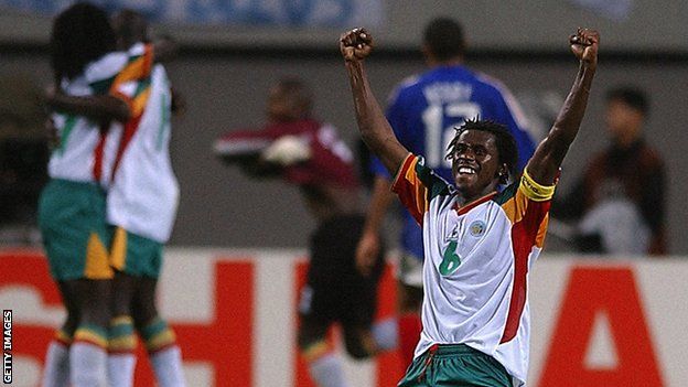 Aliou Cissé celebrates Senegal beating World Cup holders France at the 2002 World Cup