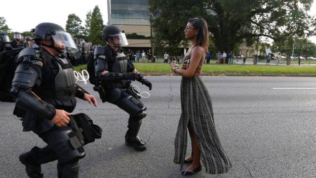 Ieshia Evans protesting during demonstration in Baton Rouge in 2016