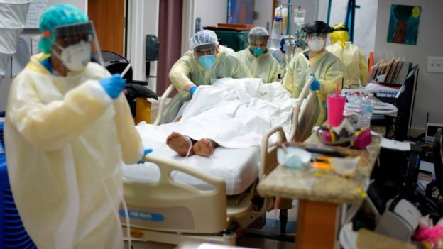 Doctors in Houston, Texas treat a seriously ill coronavirus patient