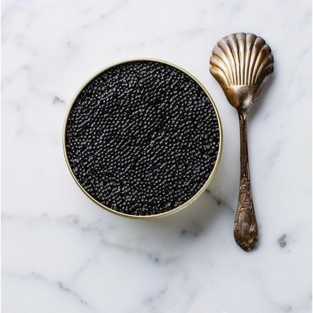 Caviar negro em um pote com uma colher ao lado