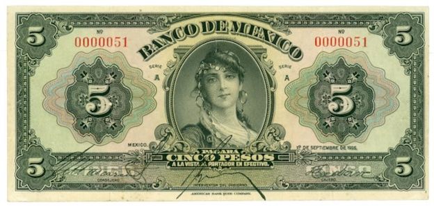 Un billete de 5 pesos del Banco de México de 1925