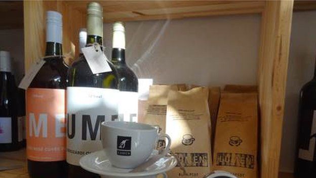 Wine bottles and coffee bags