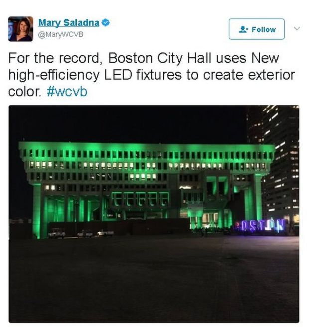 Tweet reads: For the record, Boston City Hall uses New high-efficiency LED fixtures to create exterior color. #wcvb