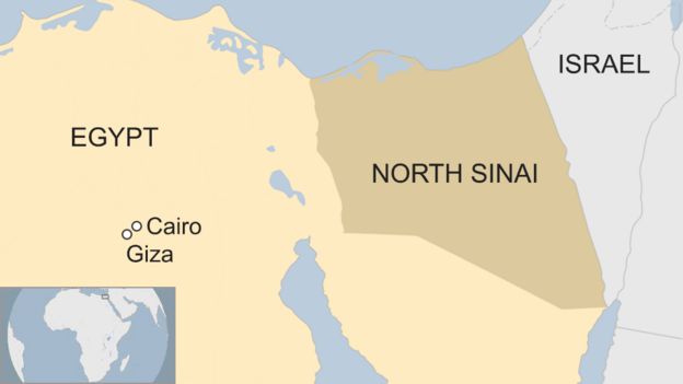Map showing Egypt with Cairo, Giza and North Sinai marked