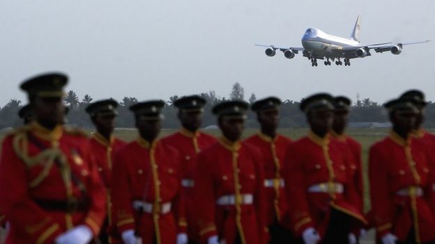 An aeroplane landing at an airport in Dar es Salaam