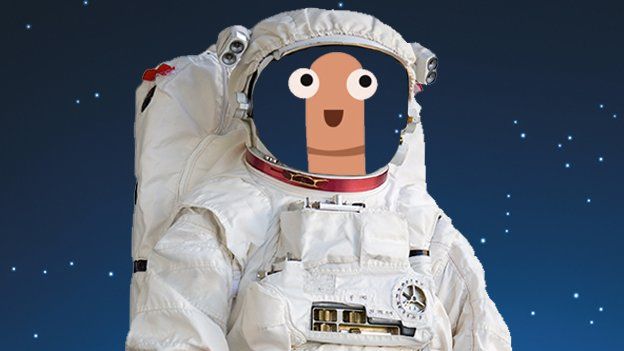 A worm dressed as an astronaut in space.