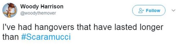 Tweet from user woodythemover: I've had hangovers that have lasted longer than #Scaramucci