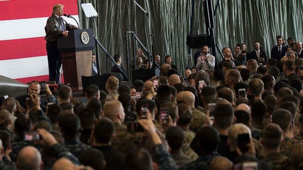 President Donald Trump speaks during an event with US military personnel at Yokota Air Base at Fussa in Tokyo on November 5, 2017